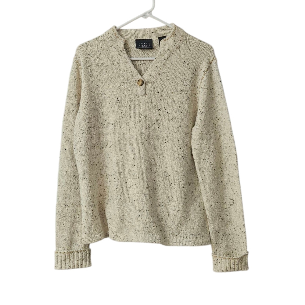 Liz Claiborne Crazy Horse Whipstitch Tweed Sweater NEW Women's L Cream V Neck